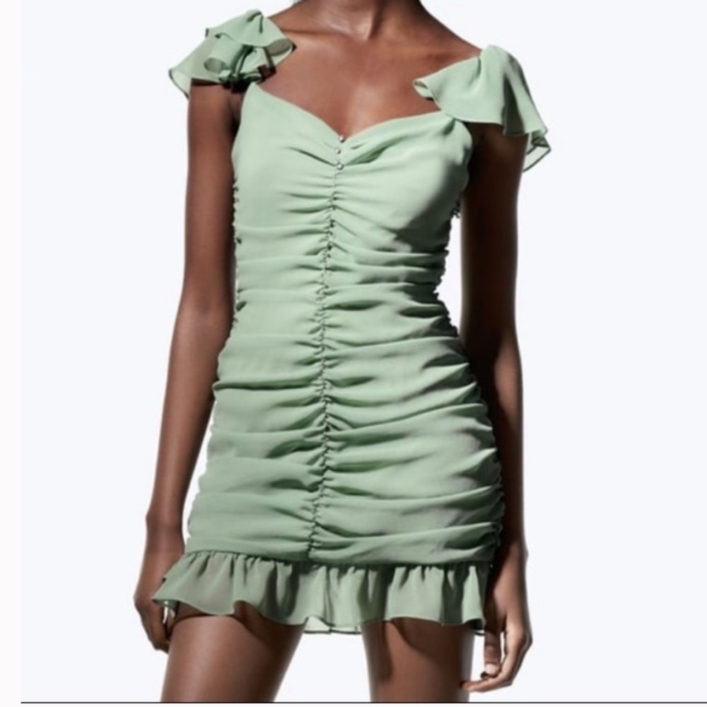 Zara Ruffled Ruched Flutter Off the Shoulder Mini Dress in Sage Light Green - Picture 2 of 15